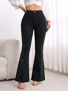 Women's Black Mid-To-High Waist Flared Jeans, Heavy Rivet Geometric Pattern Decorated Slim Fit Stretch Bell Bottom Pants, Fashionable Autumn New Clothing - Black - View 5