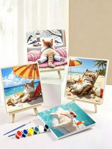 1pc/4pcs Snow Beach Scene Cat In Water Theme DIY Digital Oil Painting Handmade Adult Home Decor Holiday Gift - 20x20 - View 1