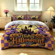 3-Piece Halloween Bedding Set (1 Duvet Cover + 2 Pillowcases), Featuring Halloween-Themed Design. Bedding Is Soft And Comfortable, Made With High-Definition Digital Printing Technology. Patterns Include Castles And Pumpkin Designs. No Fillers Included. Perfect For Bedroom, Dorm (Unisex) And Travel Use. - 4129+SJT+W - View 3