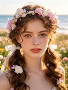 1pc Women's Mori Style Floral Shell Handmade Headband White Beach Hair Accessory Spring Outdoor Party Accessory Bridal Wedding Headpiece - Pink - View 1