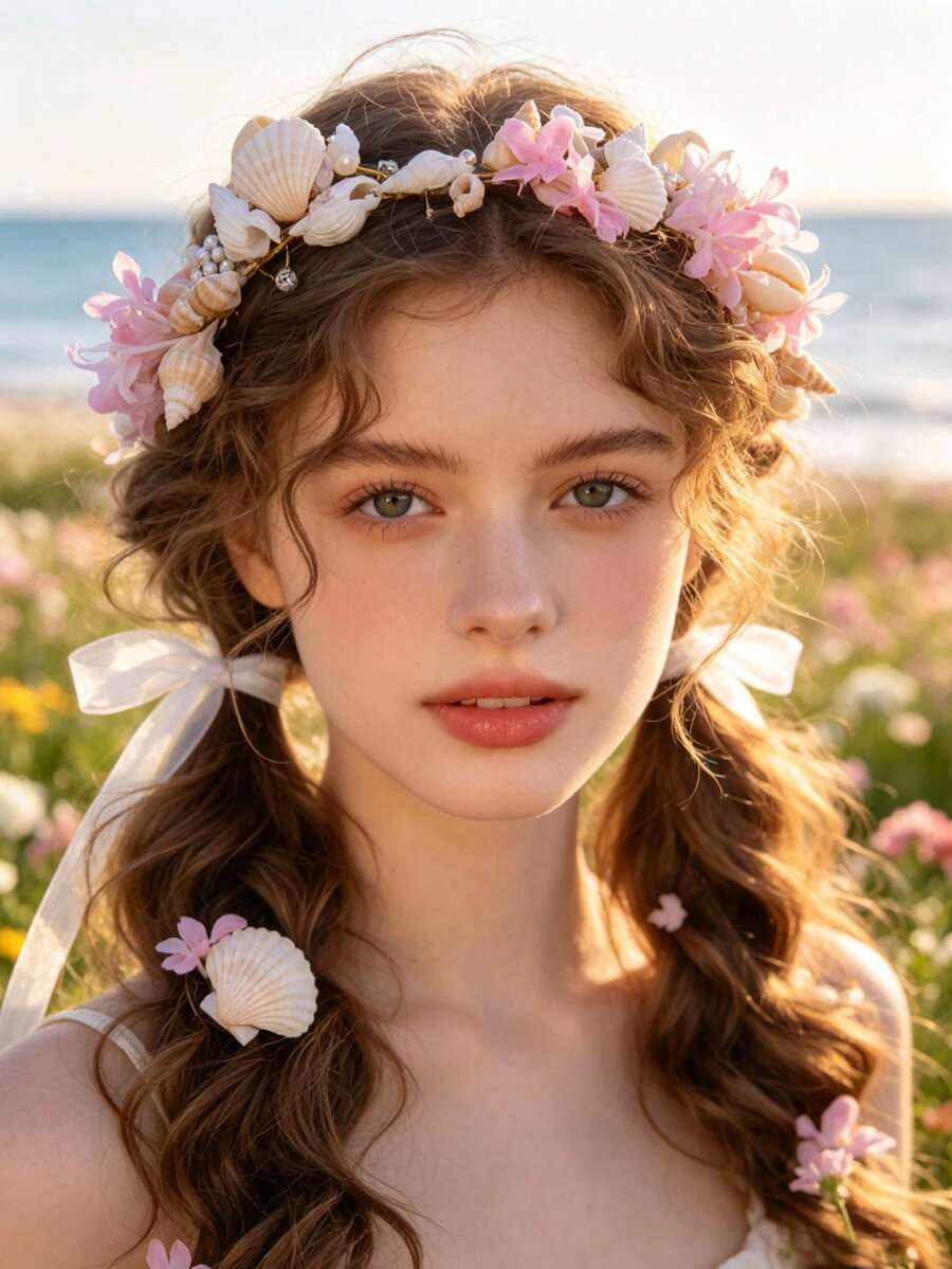 1pc Women's Mori Style Floral Shell Handmade Headband White Beach Hair Accessory Spring Outdoor Party Accessory Bridal Wedding Headpiece - Pink - View 1