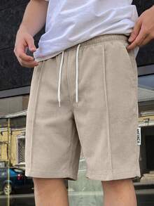 1件青少年男孩復古燈芯絨寬鬆寬腿休閒短褲，側面字母裝飾，簡約直筒中長褲 - 卡其色 - 查看 3