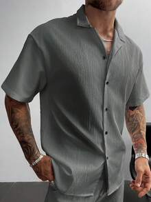 GloMan Old Money Men's Cuban Collar Linen Short Sleeve Shirt,Loose Fit Casual Comfortable Beach Shirt,For Men Vacation,Summer/Autumn,Father/Husband - Grey - View 5