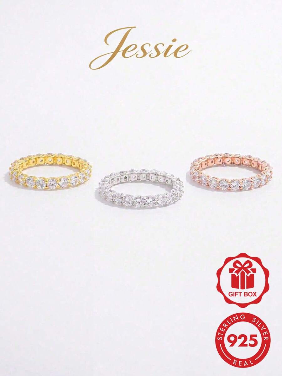 1個華麗瑰麗的經典925銀圓形cz戒指,作為精美的禮物、婚禮、訂婚、新娘珠寶 - 玫瑰金 - 查看 1