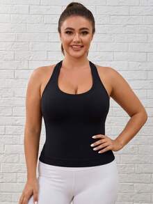 Plus Size Halter Seamless Tank Top, Backless Ribbed Crop Cami For Fall Workout, Gym & Daily Casual Wear - Black - View 5