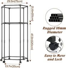 Clothes Rack With Wheels, Rolling Hexagonal Clothes Rack, Clothes Drying Rack, Clothes Storage For Bedroom, Laundry Room, Balcony (68" High) - 1 - View 3