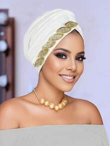 1PC Women's Rhinestone Leaf-Decorated Headscarf Cap, Stretchy African-Style Headscarf, Soft And Breathable, Suitable For Everyday Wear And Parties. - A - View 8