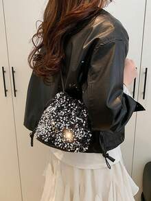 Women's Drawstring Mini Crossbody Bucket Bag, Quilted Pattern, Daily Outdoor Use - Silver - View 5