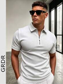 GRDR Men's Summer Polo Collar Half Zip Short Sleeve T-Shirt, Suitable For Outdoor, Vacation And Casual Wear - Light Grey - View 4