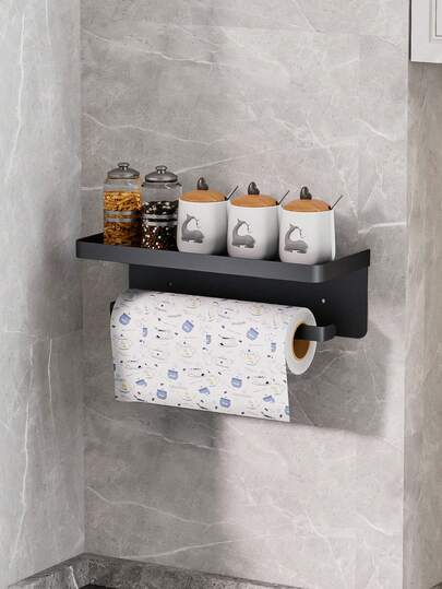1 pieza Soporte de pared para toallas de papel de cocina con barra para toallas, estante multifunción montado en la pared, instalación sin taladro o con taladro, adecuado para pared de cocina o gabinete para almacenar botellas de especias, ideal para almacenamiento de cocina