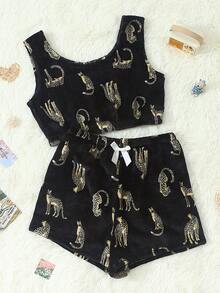Women's Flannel Pajama Set, Autumn/Winter Round Neck Tank Top And Bow Shorts, Soft Gold Leopard Print Casual Sleepwear Loungewear Set - Black - View 1
