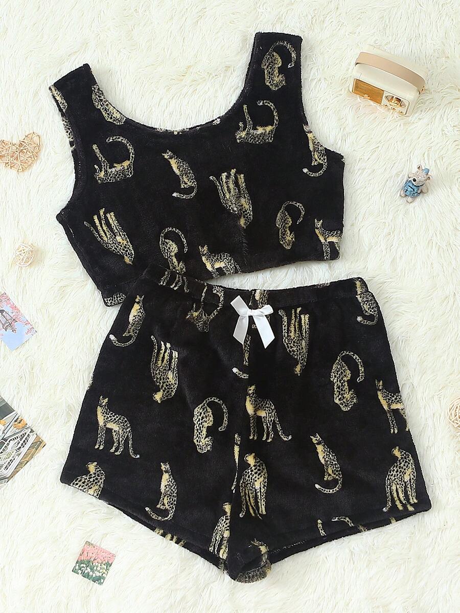 Women's Flannel Pajama Set, Autumn/Winter Round Neck Tank Top And Bow Shorts, Soft Gold Leopard Print Casual Sleepwear Loungewear Set - Black - View 1