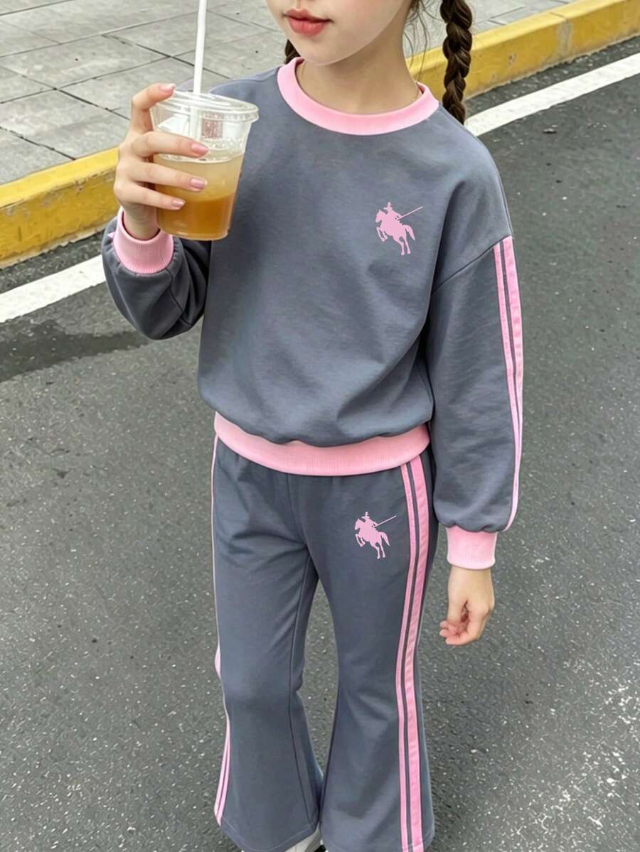 Young Girl Casual Minimalist Blue, Mini Cartoon Pattern, Contrast Cream Pink Striped Short Sleeve Round Neck Long Sleeve And Long Pants Set - Light Grey - View 1
