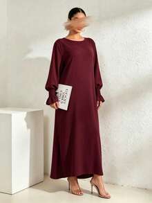 Arabian Style Women's Long Robe Dress, Solid Color Long Sleeve Plus Size Robe, Elastic Cuffs, Conservative Casual Loose Kaftan, Islamic Muslim Dubai Abaya - Multicolor - View 15