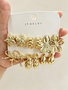 6/12/18pcs/Set Gold Stud Earrings, Floral & Geometric Mixed Pattern Metal Earrings Set, Pendant Earrings, Vintage Women's Earrings - Gold - View 10