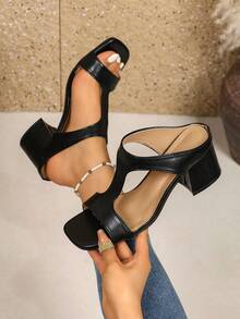 Women's High Heel Sandals, Colorful Rhinestone Studded Stiletto Heel Slides, Party Date Outing Shoes - Black - View 3