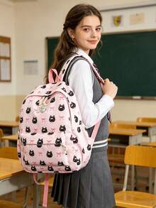 1pc Cute Cartoon Cat/Bow Pattern Nylon Backpack, Lightweight Large Capacity School Day Bag, Adjustable Shoulder Strap Bookbag, Suitable For Girls/Teenagers/Students/Graduates, Perfect For Daily Use, Outings, Travel, School And Back To School Season. - Pink - View 4