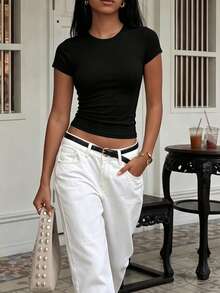 Women's Solid Color Round Neck Short Sleeve Pleated Casual T-Shirt Summer Style - Charcoal Black - View 4