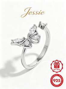 Vaerine 1pc Elegant Fashionable Minimalist Sparkling Exquisite 925 Silver Cubic Zirconia Butterfly Adjustable Ring, Charming Gift For Dating, Wedding, Proposal - Silver - View 1