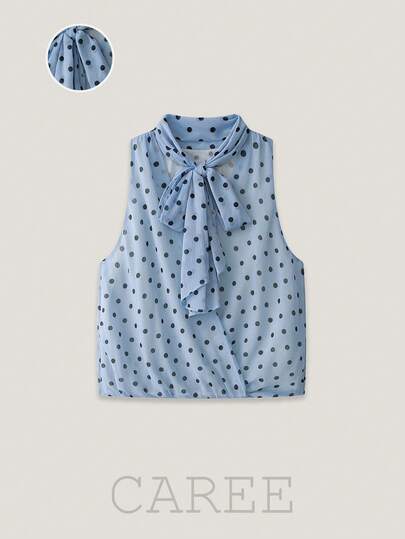 CAREE Women's Spring/Autumn Polka Dot Chiffon Blouse, Tie Neck Sleeveless V-Neck Casual Top