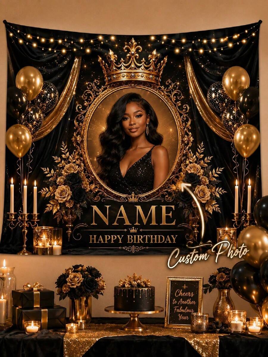 客製化生日照片掛毯 男士與男孩適用 個性化姓名橫幅 藍金配色 Happy Birthday 背景布 可客製照片與文字 派對牆面掛飾 適合爸爸、丈夫、兄弟、朋友 可重複使用布製拍照區禮物 - 彩色 - 查看 1