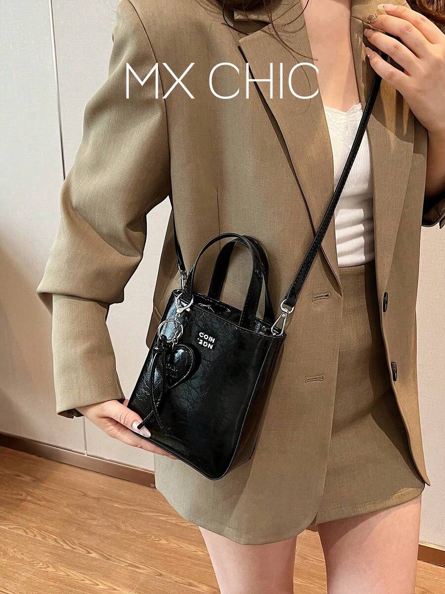 1 pieza Bolso de mano de mujer de unicolor de PU con cierre de cremallera, adecuado para citas y regalo - Negro - Ver 1