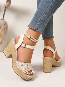 Women's Wedge Sandals. Summer Open Toe, Bohemian Style Faux Rope Sole Sandals. Comfortable Vacation Style High Heels. Suitable For Summer Outfits - Beige - View 4