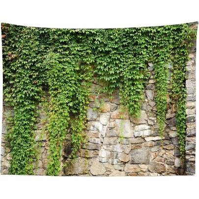 Stone Wall Tapestry - 80x60 Inch Spring Garden Green Leaves Old Stone Wall Overgrown With Leaves Outdoor Nature Greenery Home Decor For Living Room & Bedroom