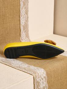 Pointed Toe Low Vamp Bow Flat Shoes, Delicate Satin Texture Soft And High-End, Versatile Shoes. - Bright Yellow - View 7