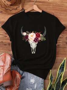 Nuevo lanzamiento otoño-invierno 2026: Camiseta de manga corta para mujer con cuello redondo, cut relajada y estampado de cabeza de toro en un diseño actual. Tejido ultra suave con gran caíd - Negro 5 - Ver 1