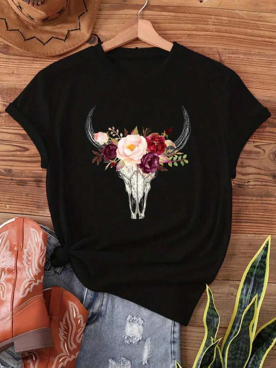 Nuevo lanzamiento otoño-invierno 2026: Camiseta de manga corta para mujer con cuello redondo, cut relajada y estampado de cabeza de toro en un diseño actual. Tejido ultra suave con gran caíd - Negro 5 - Ver 1