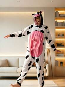 Unisex Cow Animal One-Piece Pajamas Hooded Cartoon Jumpsuit Fall Winter Christmas Animal Cosplay One Piece Pajamas - Black and White - View 5