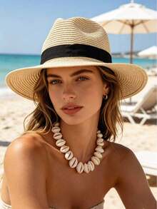1pc Unisex Summer Sun Protection Straw Hat, Wide Brim Beach Sun Hat, Travel Beach Hat, Panama Round Top Hat - Multicolor - View 4