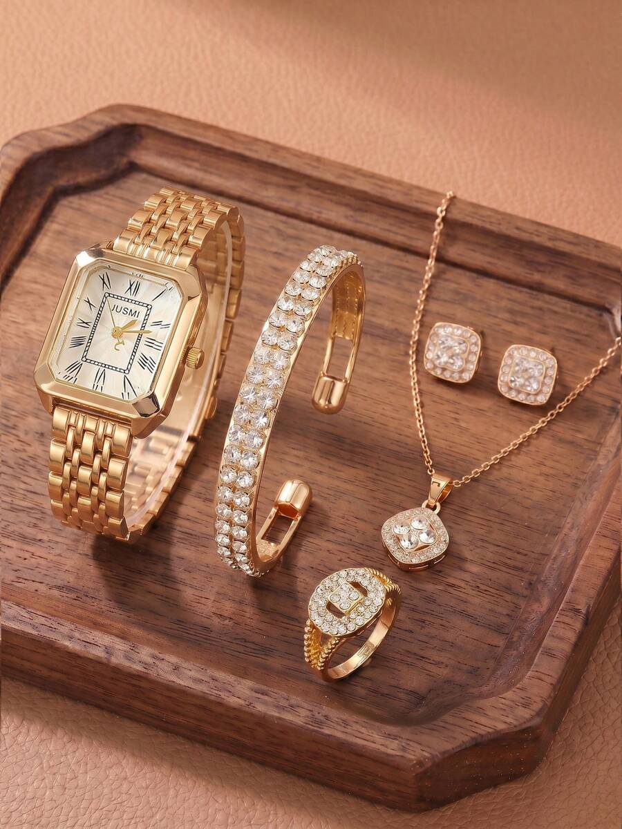 6件組女款金色珠寶套裝,方形錶盤水晶手鍊項鍊耳環戒指,優雅石英手錶,情人節與生日完美禮物 - 女士手錶套裝 - 查看 1