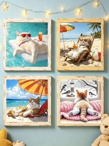 1pc/4pcs Snow Beach Scene Cat In Water Theme DIY Digital Oil Painting Handmade Adult Home Decor Holiday Gift - 20x20 - View 5