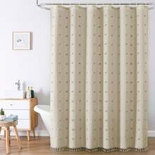 1pc Beige Bohemian 3D Floral Shower Curtain, Bohemian Style 3D Tufted Pom Pom Shower Curtain With Tassel Hem, Dry And Wet Separation Curtain, Bathroom Privacy Decorative Curtain (Daily Home Use/Homestay Apartment/All Seasons) - Beige - View 1