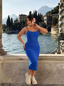 1pc Women's Plus Size Seamless Knit Backless Dress, Sexy And Comfortable Sports - Navy Blue - View 1