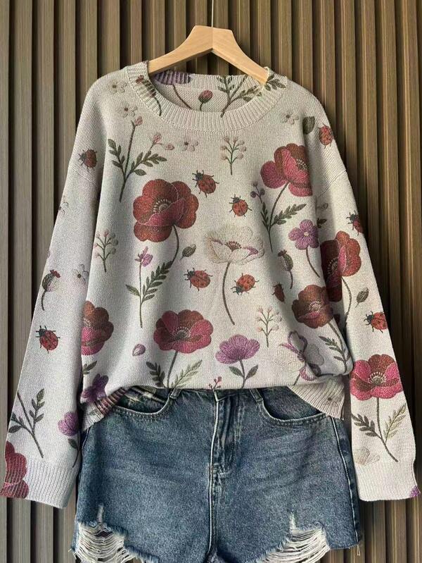 Vintage Floral Ladybug Jacquard Knit Pullover Sweater, Retro Botanical Pattern Long Sleeve Pullover Red Vacation