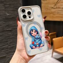 Cute Disney Lilo & Stitch Phone Case For IPhone 17/16/15/14/13/12/11 Pro, Blue Hoodie Design With Bows Background, Shockproof Cover, Perfect For Girls - 藍色 - 查看 7
