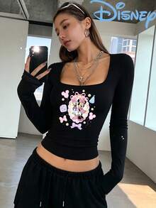 Y2K Disney Minnie Mouse Graphic Crop Top Women Square Neck Long Sleeve Slim Fit Kawaii Tee - Black - View 1