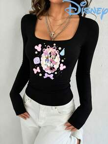 Y2K Disney Minnie Mouse Graphic Crop Top Women Square Neck Long Sleeve Slim Fit Kawaii Tee - Black - View 2