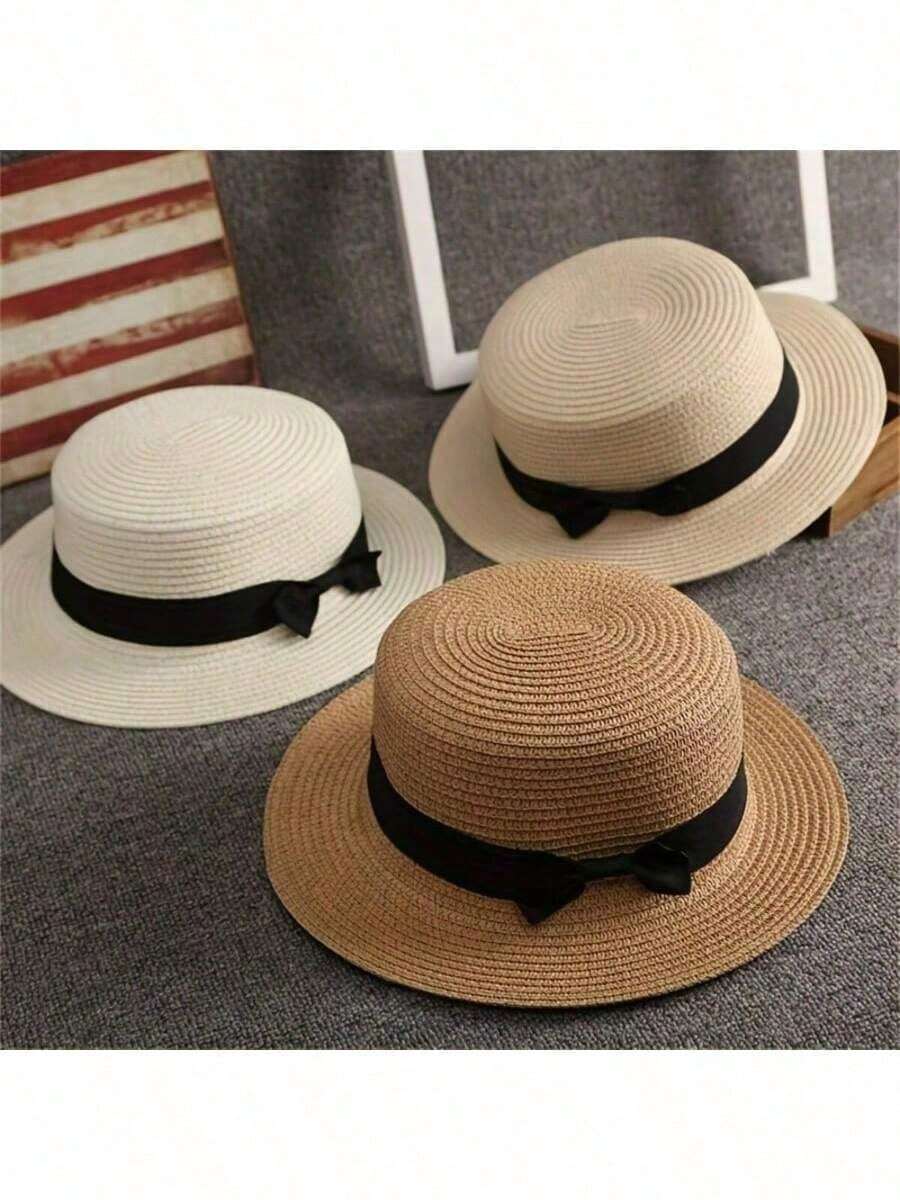 1pc Bohemian French Raffia Bow Straw Hat For Women, Summer Beach Sun Protection Panama Hat - Multicolor - View 1