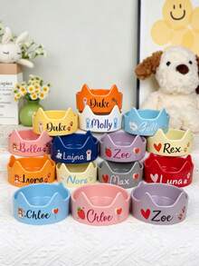 客製化寵物碗:陶瓷貓狗食碗附耳朵,可自訂姓名與圖案,堅固底座,防滑防濺,大容量貓狗食/水碗,適合生日、狗/貓媽媽、喬遷禮物,戶外使用 - 彩色 - 查看 8