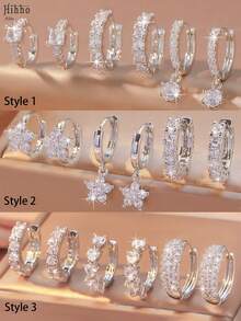 Hihho 3 Pairs Luxury European And American Zirconia Earring Set, Including Water Drop, Flower, Heart And Other Styles, Layered Wear, Elegant And Charming Jewelry Earrings Suitable For Daily And Festival Decoration, Gift - Silver - View 1