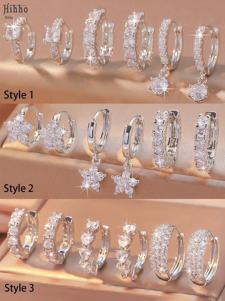 Hihho 3 Pairs Luxury European And American Zirconia Earring Set, Including Water Drop, Flower, Heart And Other Styles, Layered Wear, Elegant And Charming Jewelry Earrings Suitable For Daily And Festival Decoration, Gift - Silver - View 1