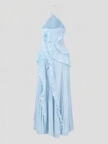 Women's Blue Lightweight Halter Neck Backless Ruffle Mid-Length A-Line Dress, Sleeveless Polyester, Suitable For Party, Night Out, Date, Beach, Summer - Baby Blue - View 7