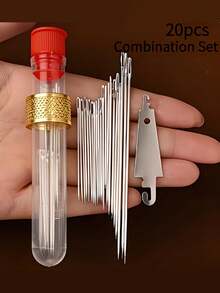 20pcs Big Eye Needle Threader Set, Traditional Steel Needles For Elderly, Handwork Sewing Clothes & Quilts (Random Color Needle Holder: Red Or Blue), Fine Needles For Handmade Sewing, Clothes, Quilts, Embroidery - Multicolor - View 7