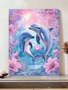 1套DIY海豚海灘場景5D鑽石畫套裝，圓形閃亮鑽石貼條工具，鮮豔海洋主題畫布藝術，適合初學者，適合臥室和客廳裝飾，無框，海豚裝飾 - 彩色 - 查看 12