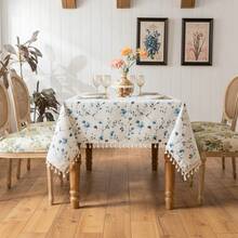 1pc Watercolor Rose & Wildflower Print Tassel Rectangular Tablecloth, Fresh Farmhouse Style Washable Dining Tablecloth, Suitable For Kitchen, Picnic, Dinner Party, Wedding, Indoor/Outdoor Use - Blue and White - View 9