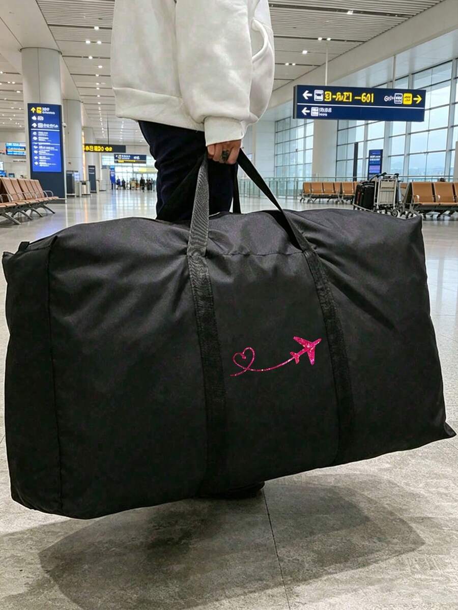 可折疊旅行袋套組，亮片飛機圖案與字母設計，中性收納袋，便攜手提包，大容量整理袋，多功能旅行配件，盥洗包、化妝包、行李袋、搬家袋，適用於宿舍、租屋公寓、學校宿舍，防潮防塵，可存放衣物與床上用品，適合返校季、旅行、出差及居家日常收納，完美契合開學季、假期與宿舍生活